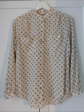 Club Monaco Silk Cream Button-Down Shirt with Circular Eye Print
